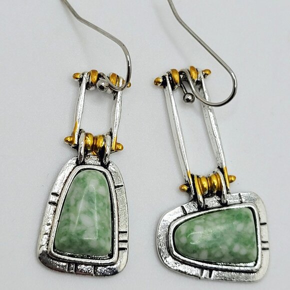 Asymmetrical Silver & Gold Accent Earrings Green Marbled Acrylic Stones - Picture 2 of 4